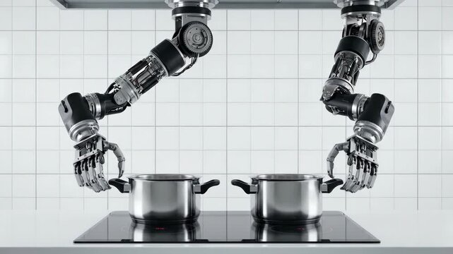 Robot arm industrial kitchen cooking saucepan induction cooktop automation robotics. robot, assistant cyborg service, futuristic automation to home technology, robotic modern chef kitchen food