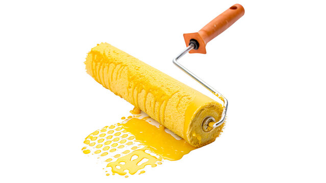 Paint roller with yellow paint for home renovation repair and interior design decorating concepts isolated on transparent background