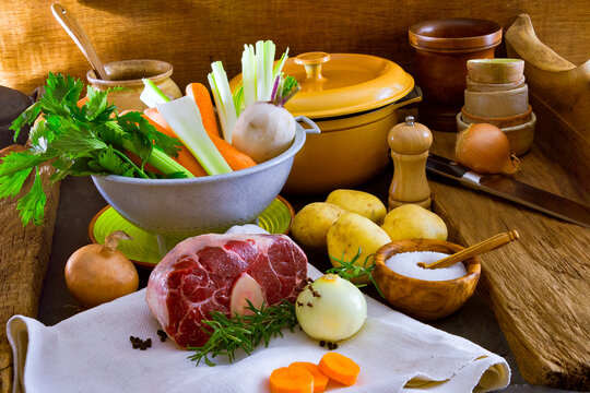 Raw beef osso buco with fresh vegetables for stew