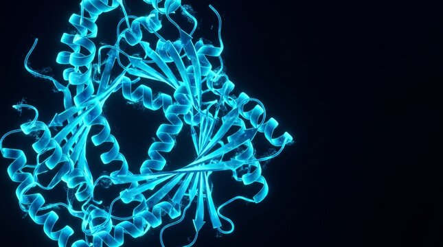 A detailed 3D rendering of a complex protein structure with alpha-helices and beta-sheets illuminated in blue against a black background.