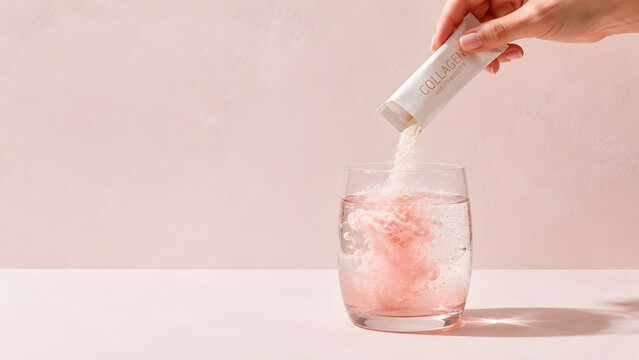 Beauty collagen powder pouring into glass of water, minimalist high-end commercial for skincare supplement with massive copy space on pink background.