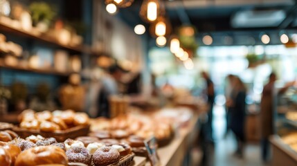 Fototapeta premium Blurred background of artisan bakery with rustic bread and pastries.