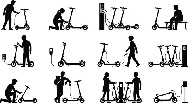 People using electric scooters in various activities isolated on white background, Vector