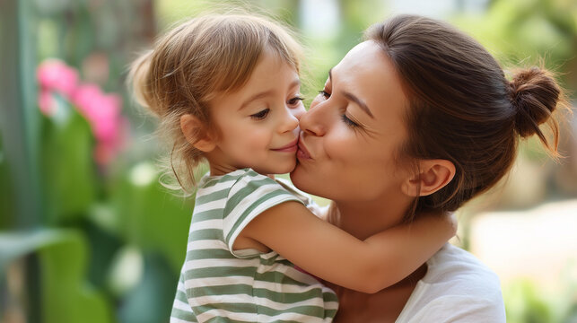 Close-up of a mother kissing a young daughter on a piggyback ride in a garden, tender outdoor moment concept, mother child summer fun, love and happiness, defocused background, with copy