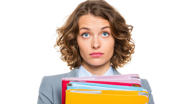 A professional woman looking overwhelmed while holding a stack of colorful files in a bright office setting.