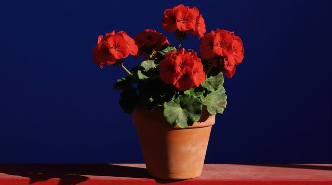 Red geranium flowers in terracotta pot sit on red surface. Bold blue background. Bright sunlight creates strong shadows. Simple still life arrangement.