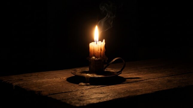A single lit candle in a vintage holder casting a warm glow on a rustic wooden surface in darkness.