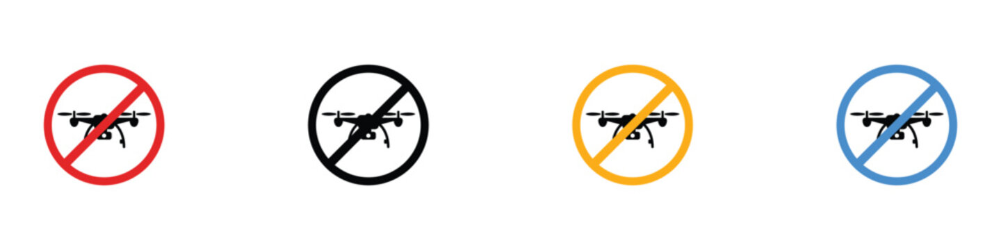 No drones and quadcopter prohibition icon set for restricted airspaces. Isolated vector illustration of drone flying forbidden symbols for privacy and safety signage.