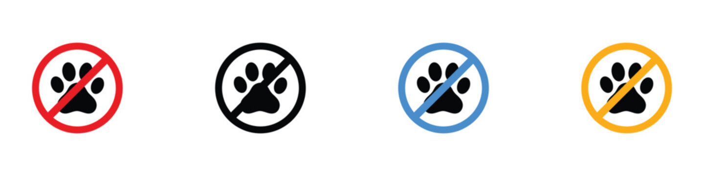 No pets and animal paw prohibition icon set. Isolated vector illustration of animal track forbidden symbols in colorful circles for pet-free zones, parks, and restaurant regulations.