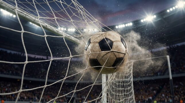 Soccer ball hitting the back of the net in a stadium, creating a cloud of dust and debris.