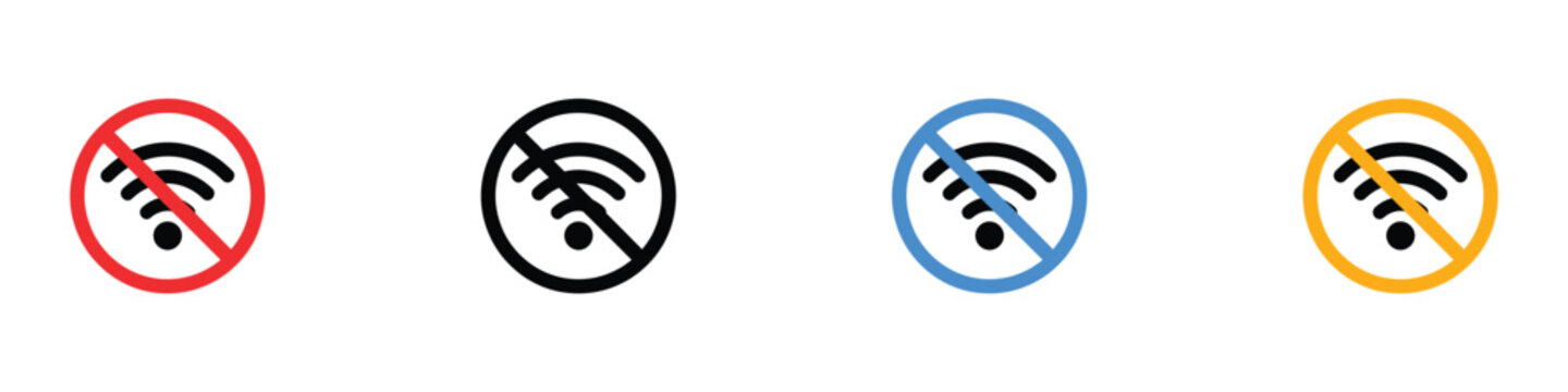 No WiFi and wireless connection prohibition icon set. Isolated vector illustration of signal forbidden symbols in colorful circles for offline zones, secure areas, and airplane mode signage.