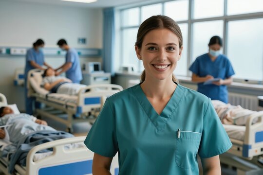 Smiling nurse in teal scrubs stands foreground, hospital ward busy with patients, staff in background. Medical professionals attend to beds, indicating care, teamwork. Healthcare workers provide