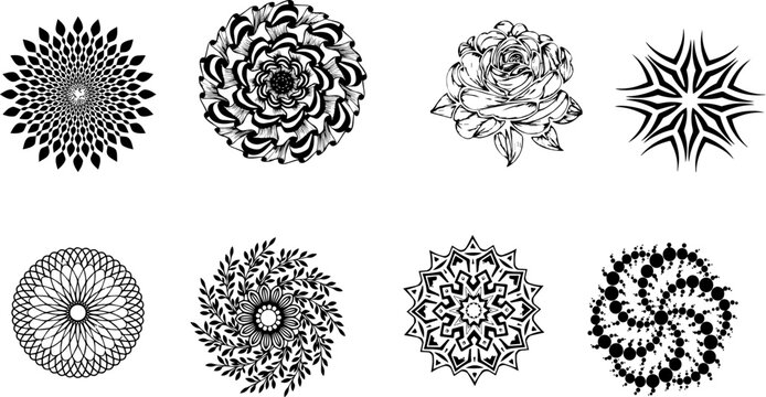 Black and white mandala vector set, 8 ornamental circular design elements, geometric floral tattoo patterns, decorative rose and sunburst icons
