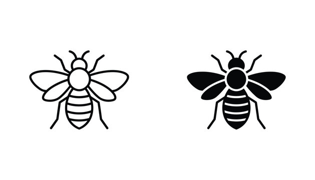 Honey bee insect icon set in minimalist outline and solid black vector style for nature and environmental graphic design projects