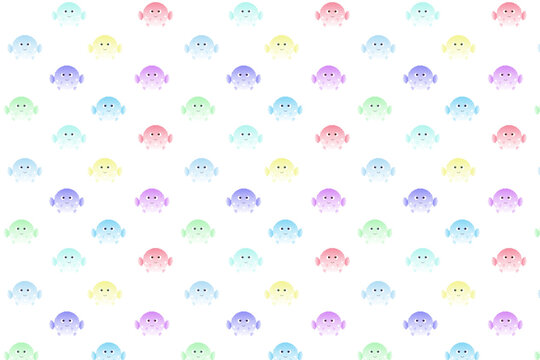 Seamless pattern with cute colorful puffer fish on white background, flat vector kawaii blowfish repeat print for kids textile design.