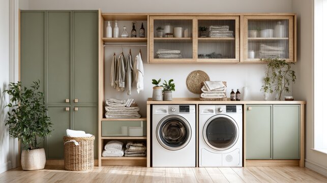 A modern, clean laundry room with sage green cabinets, wooden accents, and appliances