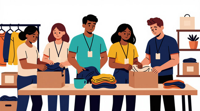 Diverse group of young adults sort donated clothing in a warehouse setting. People volunteer to pack items into boxes, showing teamwork and community spirit. Charity work and helping others.