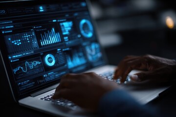 Fototapeta premium Person's hands typing on a laptop displaying glowing blue data analytics and charts