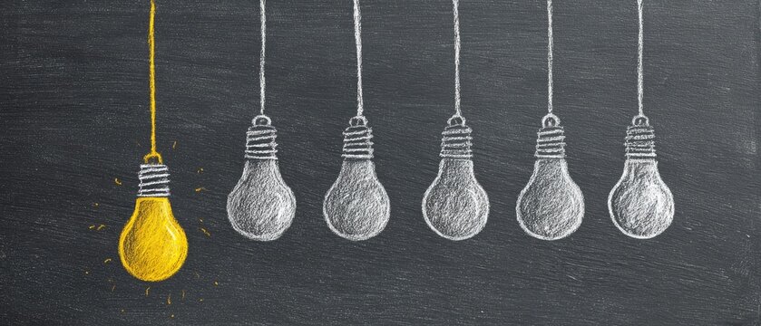 A single glowing yellow lightbulb hangs apart from a line of unlit grey ones
