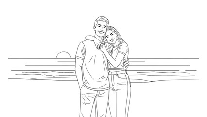 Couple in 2D CAD illustration stands on a beach at sunset. © Stock Image Paradise