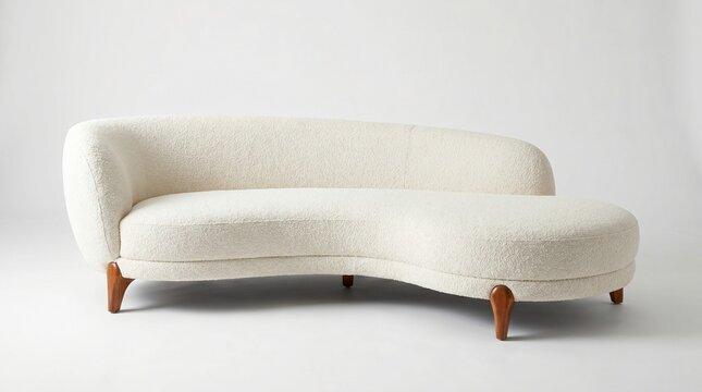 Modern curved white boucl sofa isolated on white background