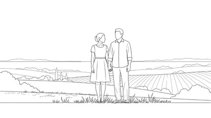 Couple stands on hill overlooking 2D CAD designed countryside landscape with fields © Stock Image Paradise