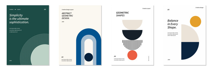 Abstract geometric poster layouts and cover designs bundle, bold shapes, dynamic composition and modern typography arrangement. Creative A4 print template collection for branding and editorial use © Sunil