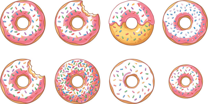 Donut Illustration Featuring Sweet Pastries with Sprinkles in Vector Artwork