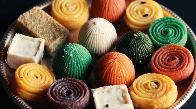 Colorful Indian sweets assortment on silver plate. Various shapes and textures of dessert treats like ladoo peda barfi for festive occasion. Cultural food.