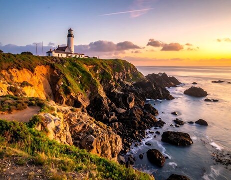 Lighthouse on rocky coastal cliffside landscape.