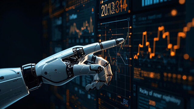 Robotic hand analyzing financial data on digital screen, AI robot finger pointing at stock market charts, futuristic artificial intelligence trading