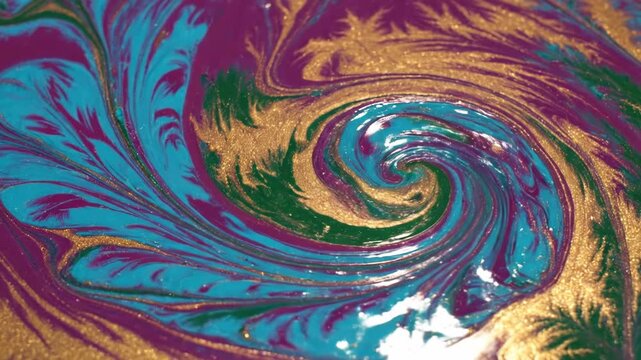 Abstract macro of mixing liquid paint with metallic gold glitter forming feather patterns on a purple and teal surface, showing fluid marbling textures and artistic swirls.