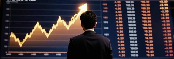 Businessman reviews upward trending stock market graph on large screen. Financial data shows positive growth and market analysis in dark office. Strategy and investment success.