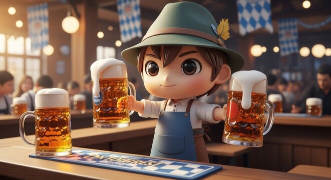 Cute Chibi Bartender In Traditional German Hat Serving Beer Mugs At Oktoberfest Celebration