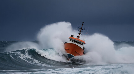 Fototapeta premium Orange boat battles huge ocean waves during a storm. Rough sea crashes over vessel. Dramatic dark sky looms overhead. Extreme weather on open water.