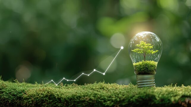 Lightbulb with tree inside, growing over moss, with ascending graph