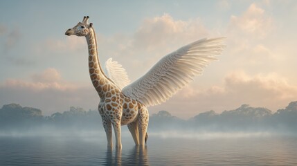 A giraffe with snow-white wings stands in the water against the background of the dawn sky and light fog over the forest. A hybrid of a giraffe and a swan. fabulous animals. © Anna