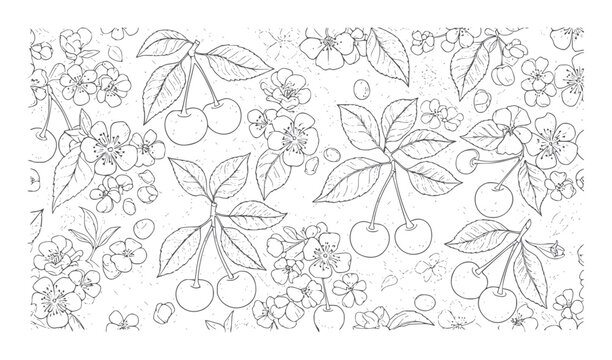 Black and white cherry blossoms and cherries pattern flower leaf fruit