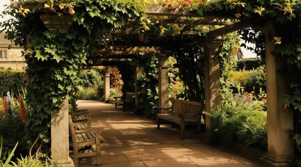 Obraz premium Stone pergola path with wooden benches in a rich garden. Green vines cover the structure. Flowers bloom in vibrant colors. A peaceful outdoor walkway.