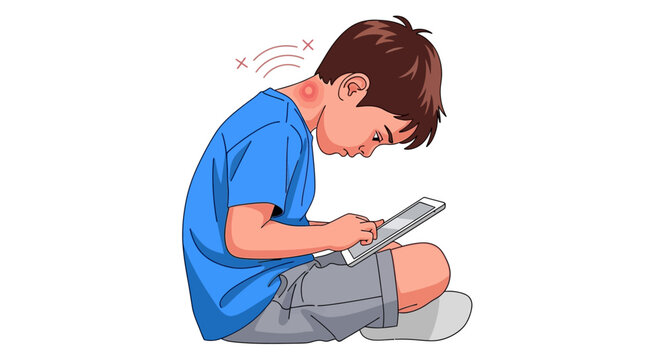 Boy with inflamed neck from excessive tablet usage and poor posture