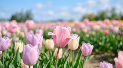 Fototapeta premium Field of soft pink and lavender tulips blooming under a clear blue sky