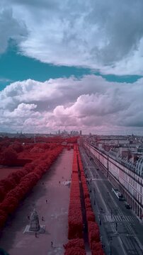 Infrared aerial shot of Tuileries Garden and rue de Rivoli with vivid red vegetation