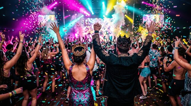 Crowd celebrating with confetti and colorful lights at a vibrant music festival