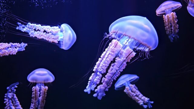 Group of glowing blue and purple jellyfish swimming in a dark aquarium tank. Multiple translucent medusa species floating underwater with long trailing tentacles and bioluminescent light.
