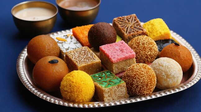 Assorted Indian sweets arranged on a platter with golden bowls of chai. Variety of colorful mithai includes laddu, barfi, and other traditional Indian desserts.