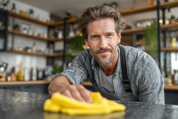 Fototapeta premium A man in a gray shirt and apron wipes a kitchen surface with a yellow cloth.