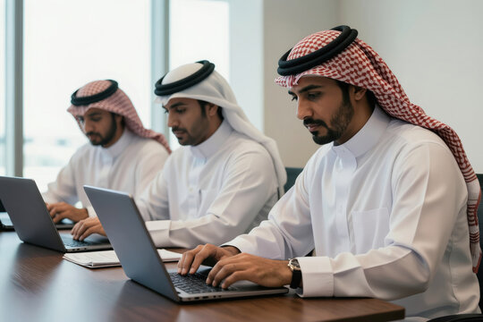 Three Arab men in traditional white thawb, ghutra clothes work on laptops in modern office setting. They are focused on their screens, typing, collaborating on project together at conference table.