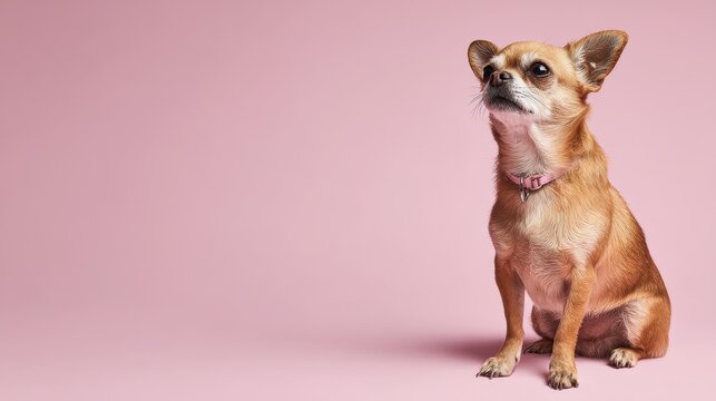 Brown Chihuahua Sitting with an Outraged Expression on a Light Pink Background, Copy Space on the Left