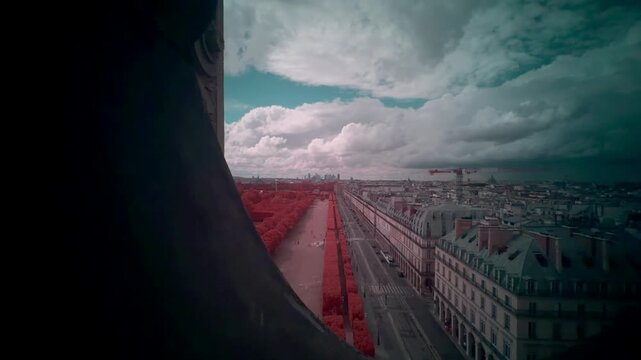 Infrared aerial shot of Tuileries Garden and rue de Rivoli with vivid red vegetation