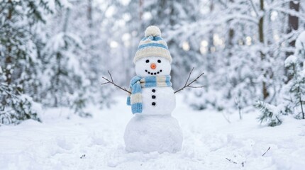 Fototapeta premium Charming snowman with striped hat and scarf stands in a snowy forest
